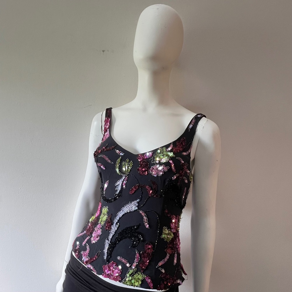 Vintage 90s Silk Sequin Floral Corset Top Beaded Fairy Grunge Goth Party Top Y2K